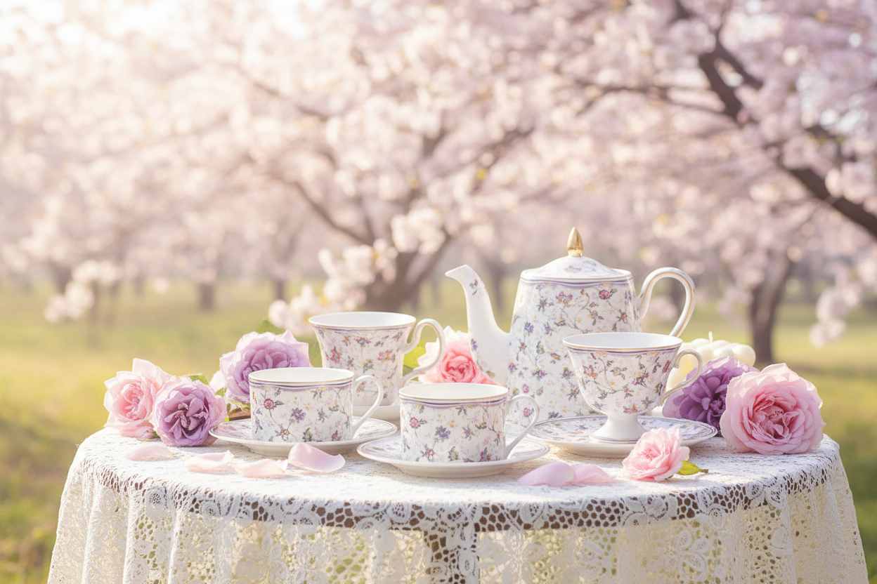Floral Tea Set Garden Scene
